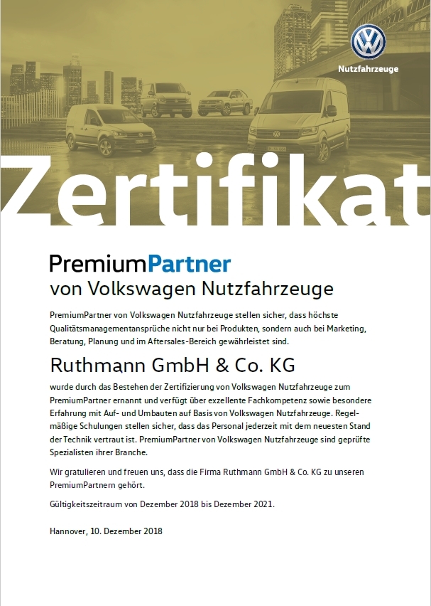 Zertifikat Premium Partner Volkswagen Nutzfahrzeuge